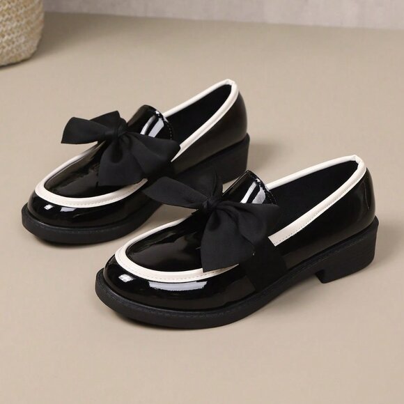 Black Casual Women's Contrast Bow Decor Flat Loafers - Picture 6 of 6